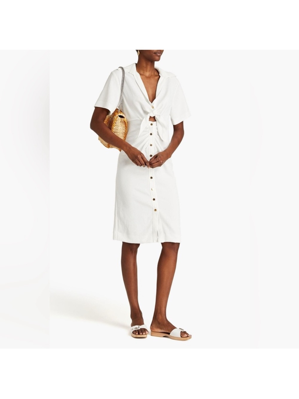 Sandro Women’s White Tie-Front Button Mid Length Dress